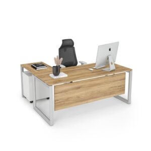 DIAMOND Series L-shaped Natural Pcific Walnut White frame Office Desk - OfficeMaster Furniture Dubai