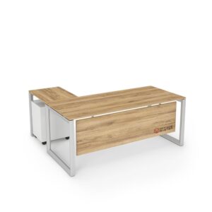 DIAMOND Series L-shaped Natural Pcific Walnut White frame Office Desk - OfficeMaster Office Furniture Dubai