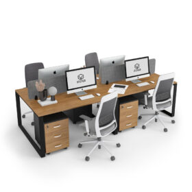 DIAMOND Workstation Cluster 4 Face Desk Black Frame Cognac Kendal Oak - OfficeMaster Office Furniture in Dubai