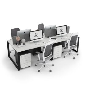 DIAMOND Workstation Cluster 4 Face Desk Black Frame Premium White - OfficeMaster Office Furniture Dubai