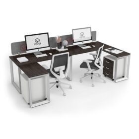 DIAMOND Workstation Cluster 2 C-Shape Inline White Base Black-Brown Thermo Oak Desk - Office Furniture in Dubai