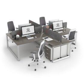 DIAMOND Workstation Cluster 4 Face Cross-Shape White Frame Stone Grey Desk- OfficeMaster Office Furniture in Dubai