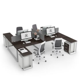 DIAMOND Workstation Cluster 4 Face H-Shape White Frame Black-Brown Thermo Oak Desk - OfficeMaster Office Furniture in Dubai