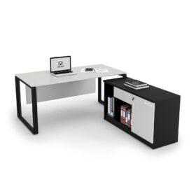 DIAMOND Office Desk with Side Cabinet Black Frame Premium White - OfficeMaster Furniture Dubai