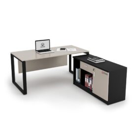 DIAMOND Office Desk with Side Cabinet Black Frame Sand Beige- OfficeMaster Furniture Dubai