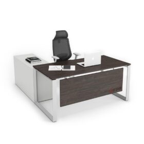 Diamond Office Desk with Side Cabinet Black-Brown Thermo Oak White Frame - OfficeMaster Dubai