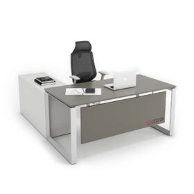 Diamond Office Desk with Side Cabinet U727 ST9 Stone Grey White Frame - OfficeMaster Furniture Dubai