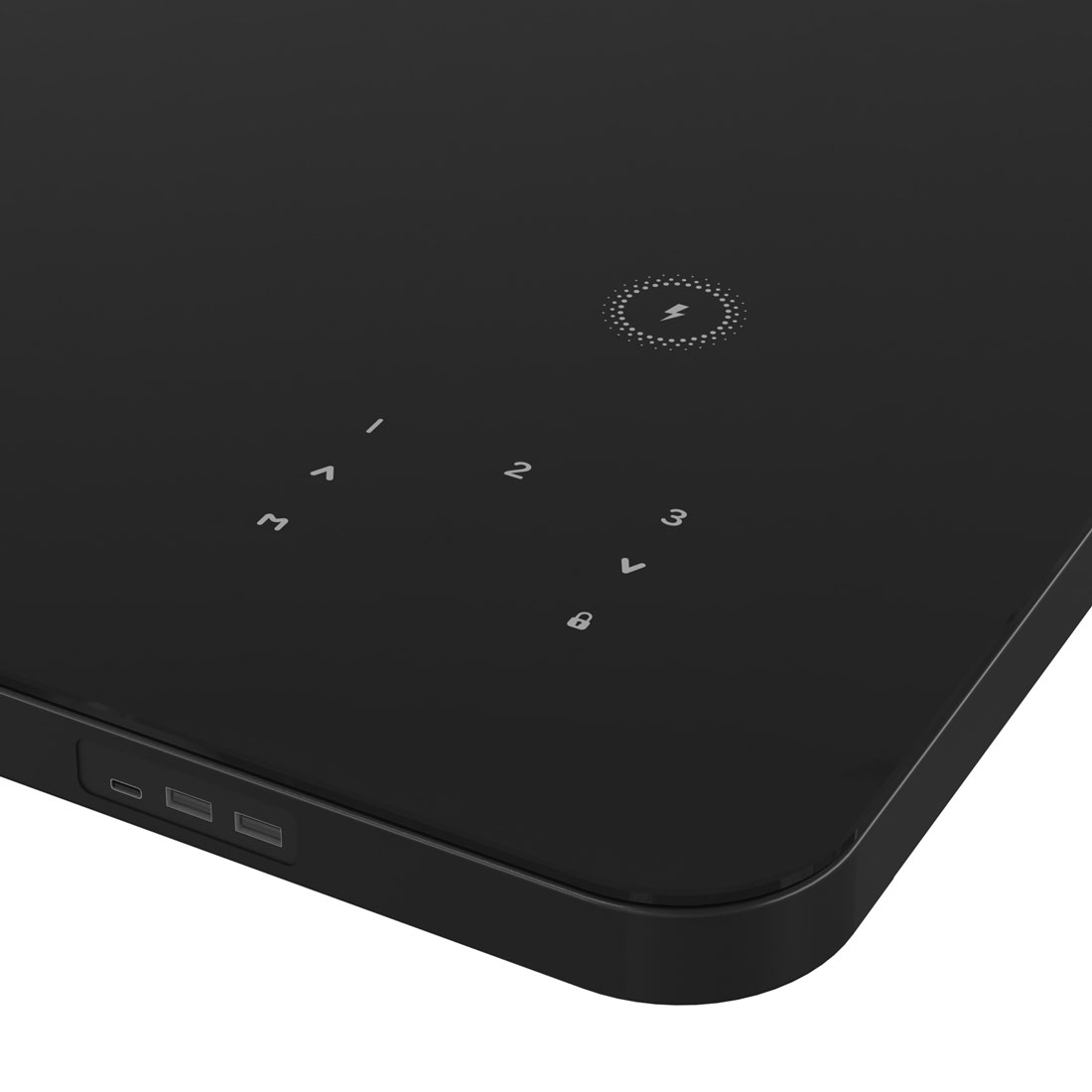glass-top-Height-adjustable Desk wireless charging port